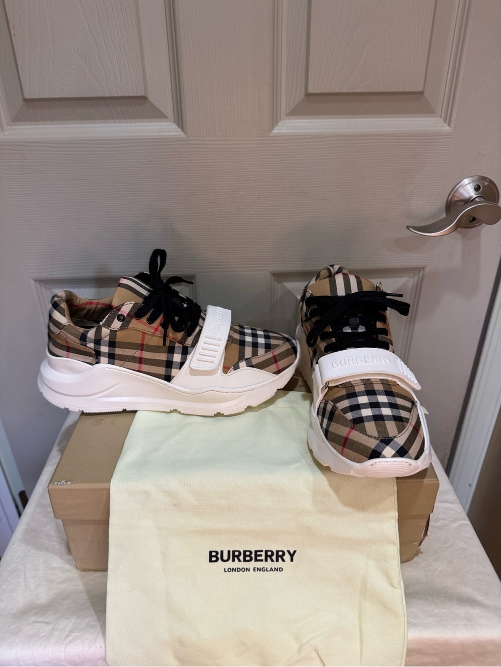Burberry Check & Leather Regis Sneakers White Strap Men's Size 42 / US 9